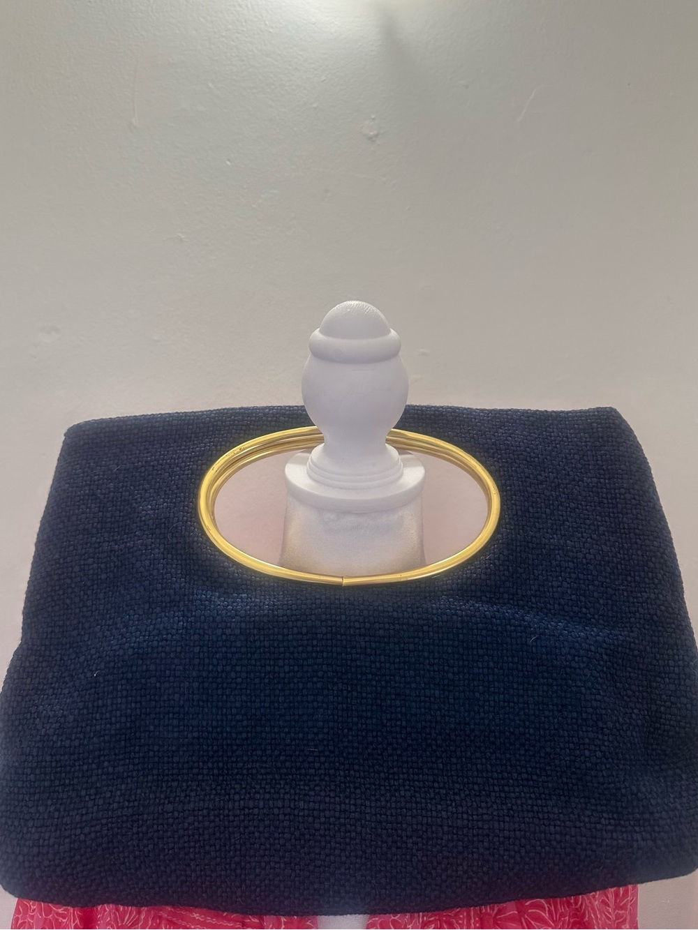 Vintage Navy Woven Foldover Clutch with Gold Oval Handle